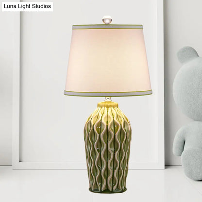 Ceramic Reading Book Light: Rural Blue/Green Twist-Patterned Pottery Table Lighting with Shade