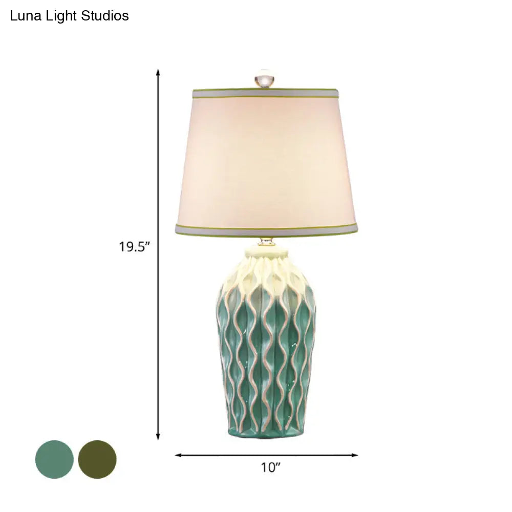 Ceramic Reading Book Light: Rural Blue/Green Twist-Patterned Pottery Table Lighting with Shade