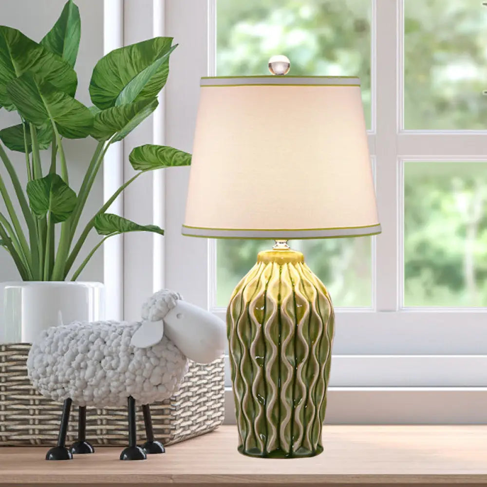 Ceramic Reading Book Light: Rural Blue/Green Twist-Patterned Pottery Table Lighting with Shade