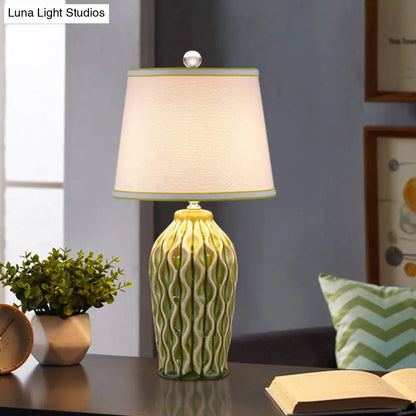 Ceramic Reading Book Light: Rural Blue/Green Twist-Patterned Pottery Table Lighting with Shade