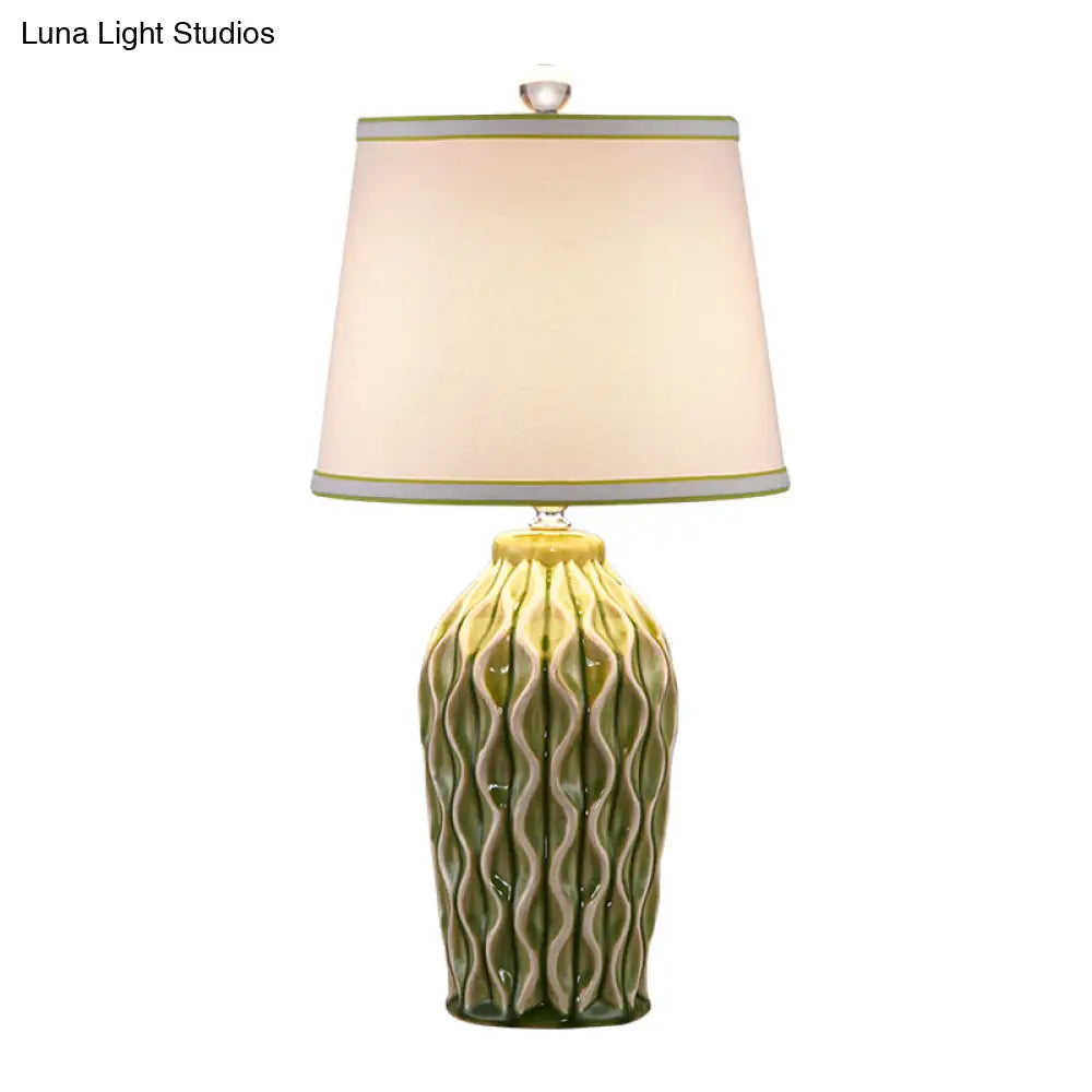 Ceramic Reading Book Light: Rural Blue/Green Twist-Patterned Pottery Table Lighting with Shade