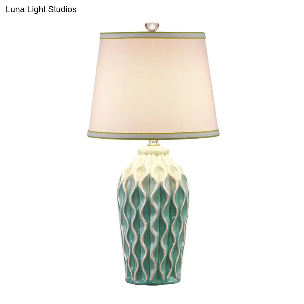 Ceramic Reading Book Light: Rural Blue/Green Twist-Patterned Pottery Table Lighting with Shade