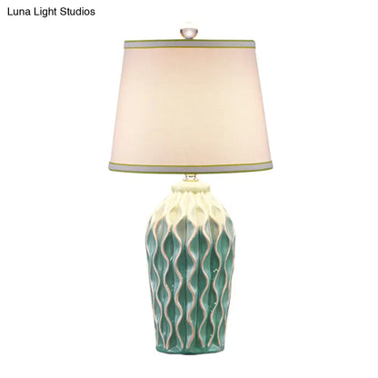 Ceramic Reading Book Light: Rural Blue/Green Twist-Patterned Pottery Table Lighting with Shade