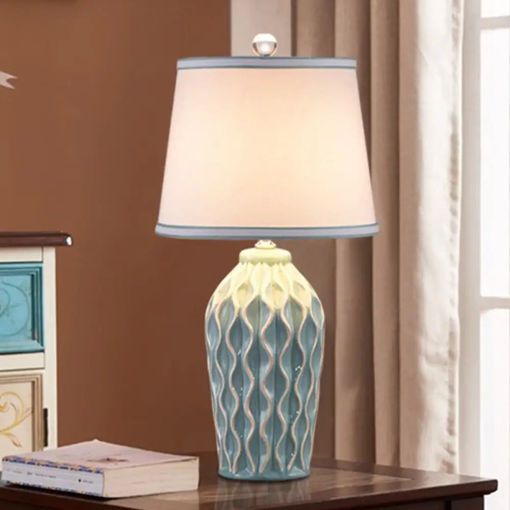 Ceramic Reading Book Light: Rural Blue/Green Twist-Patterned Pottery Table Lighting with Shade