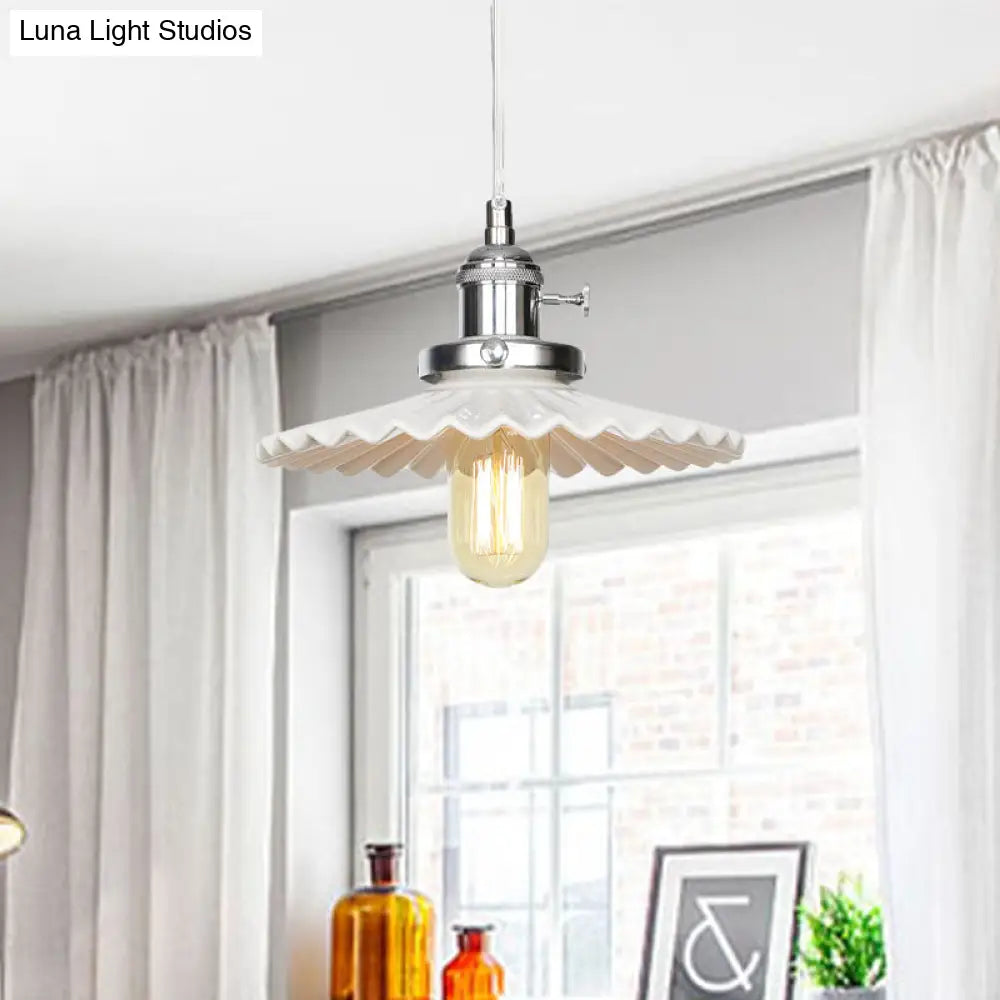 Ceramic Scalloped Edge Industrial Pendant Light with Single Bulb for Dining Rooms in Black, Bronze, or Brass Finishes