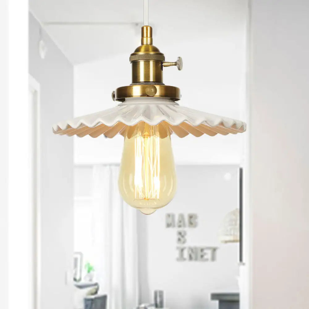 Ceramic Scalloped Edge Industrial Pendant Light with Single Bulb for Dining Rooms in Black, Bronze, or Brass Finishes