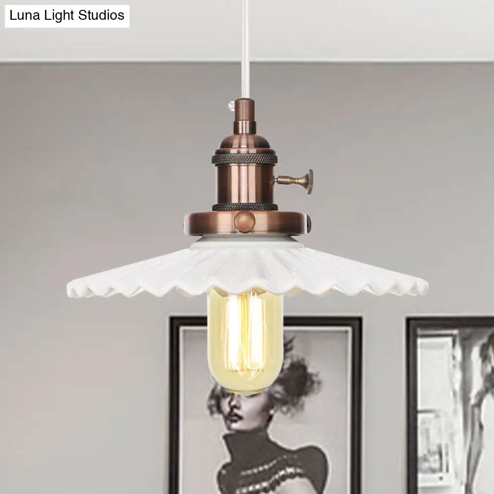 Ceramic Scalloped Edge Industrial Pendant Light with Single Bulb for Dining Rooms in Black, Bronze, or Brass Finishes