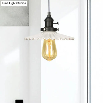 Ceramic Scalloped Edge Industrial Pendant Light with Single Bulb for Dining Rooms in Black, Bronze, or Brass Finishes