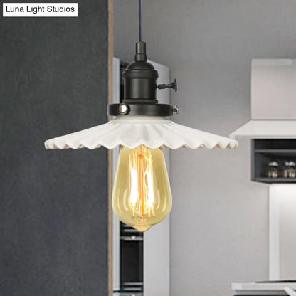 Ceramic Scalloped Edge Industrial Pendant Light with Single Bulb for Dining Rooms in Black, Bronze, or Brass Finishes