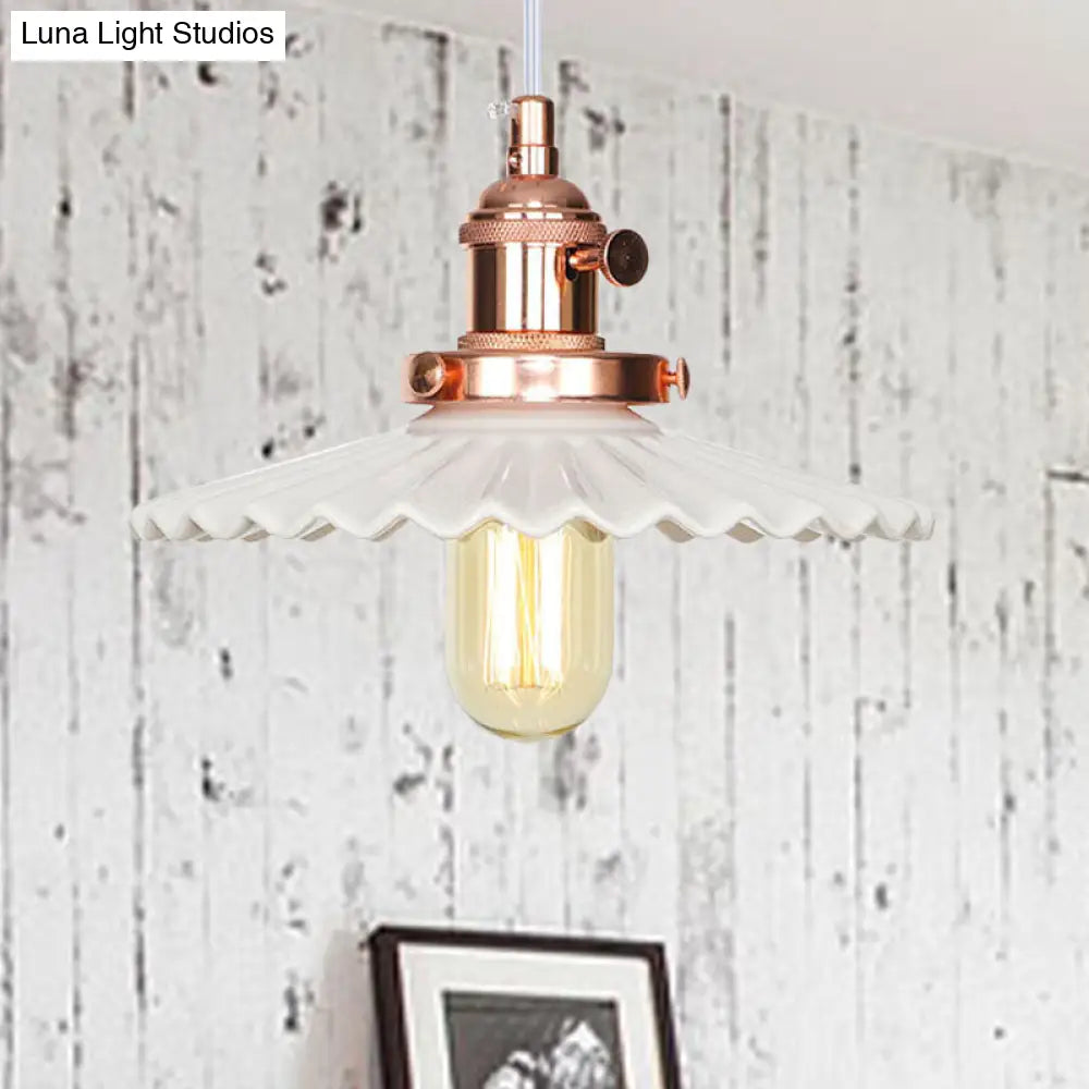 Ceramic Scalloped Edge Industrial Pendant Light with Single Bulb for Dining Rooms in Black, Bronze, or Brass Finishes