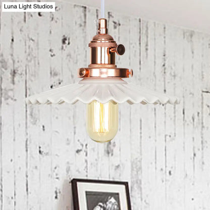 Ceramic Scalloped Edge Industrial Pendant Light with Single Bulb for Dining Rooms in Black, Bronze, or Brass Finishes