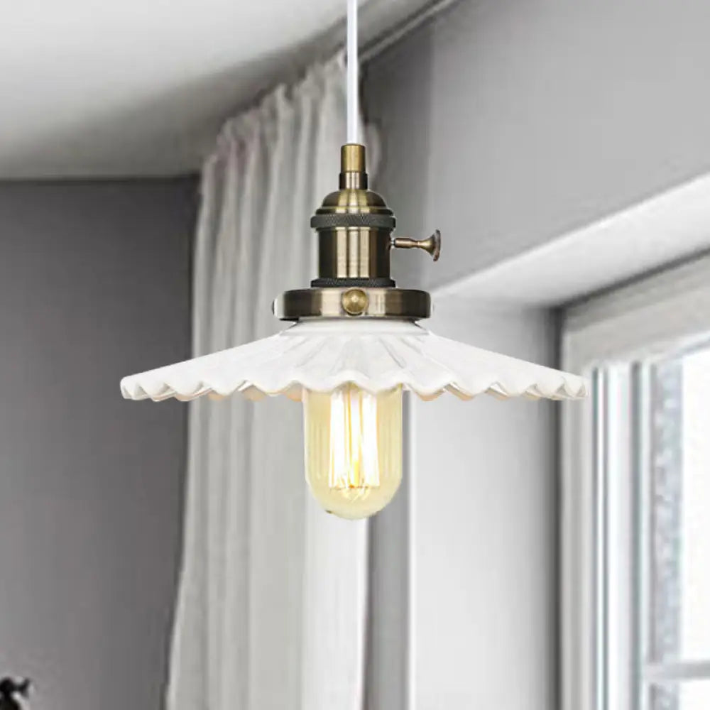 Ceramic Scalloped Edge Industrial Pendant Light with Single Bulb for Dining Rooms in Black, Bronze, or Brass Finishes