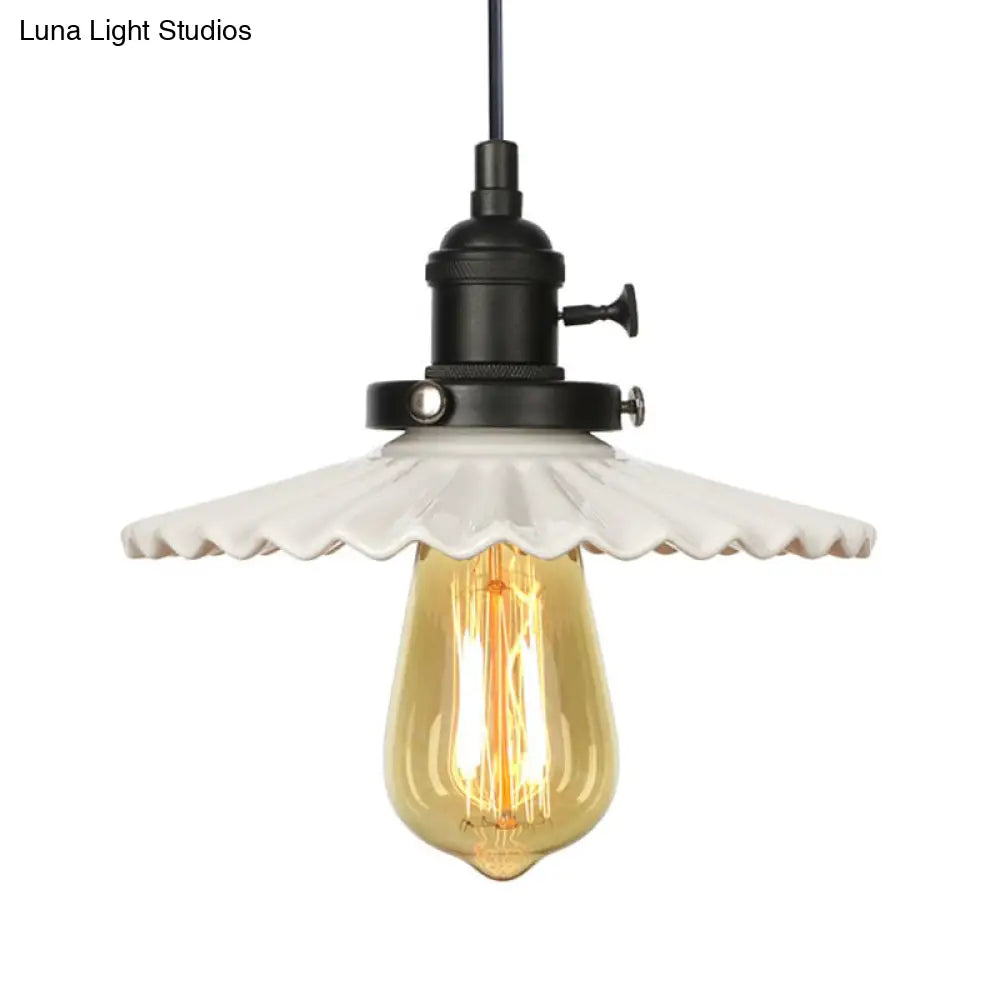 Ceramic Scalloped Edge Industrial Pendant Light with Single Bulb for Dining Rooms in Black, Bronze, or Brass Finishes