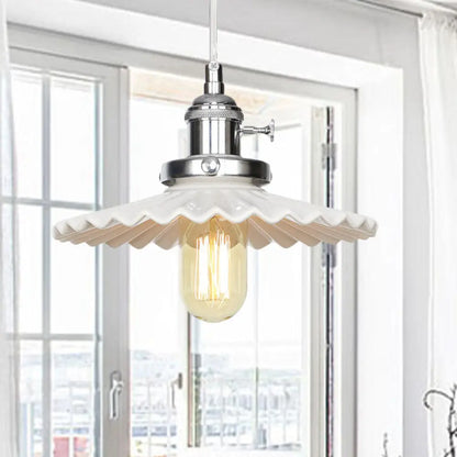 Ceramic Scalloped Edge Industrial Pendant Light with Single Bulb for Dining Rooms in Black, Bronze, or Brass Finishes