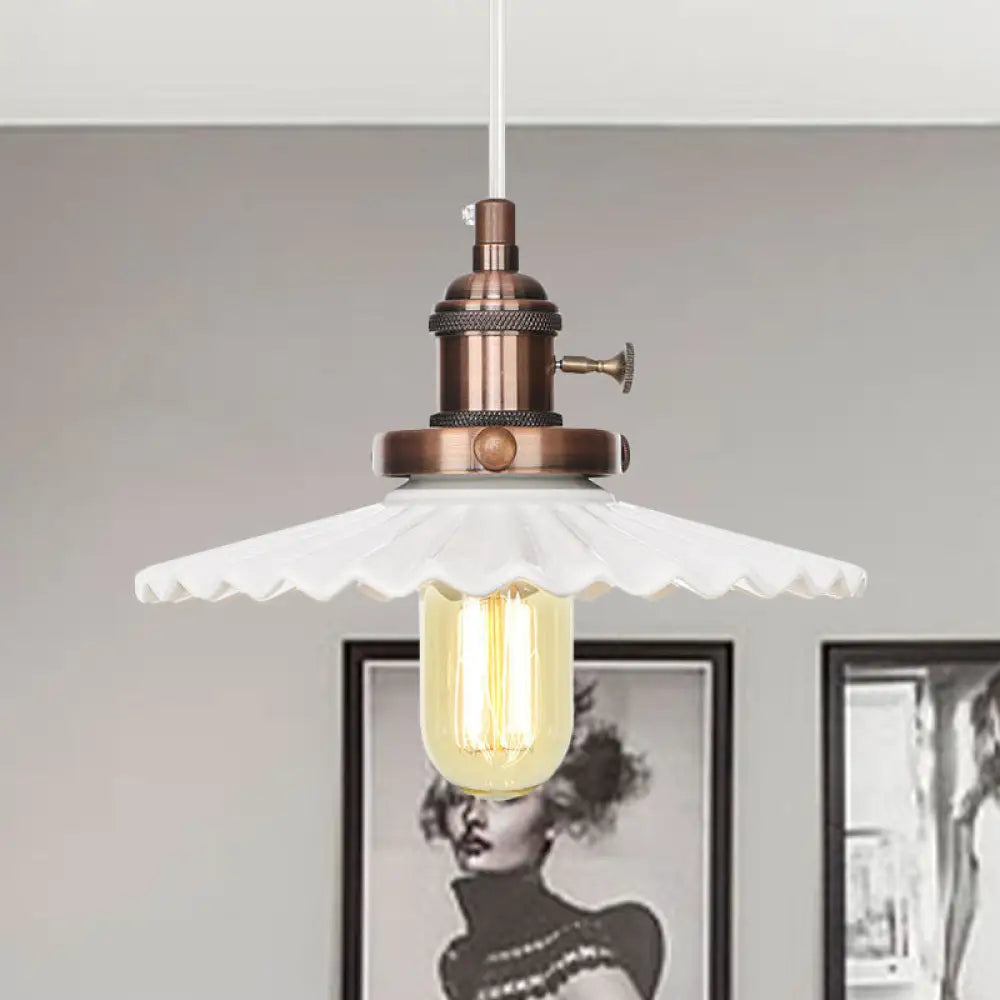 Ceramic Scalloped Edge Industrial Pendant Light with Single Bulb for Dining Rooms in Black, Bronze, or Brass Finishes