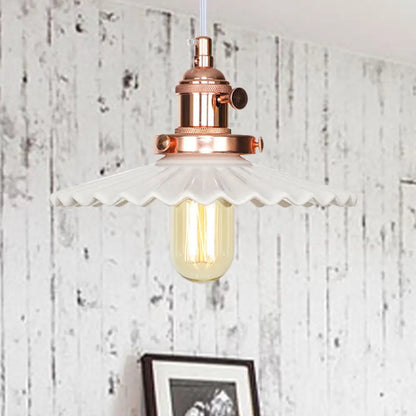 Ceramic Scalloped Edge Industrial Pendant Light with Single Bulb for Dining Rooms in Black, Bronze, or Brass Finishes