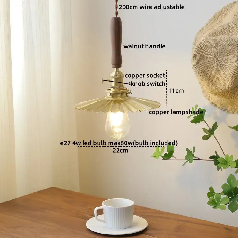 Brass pendant light with fluted copper shade and walnut handle featuring e27 led bulb for decorbites ceramic walnut copper decor