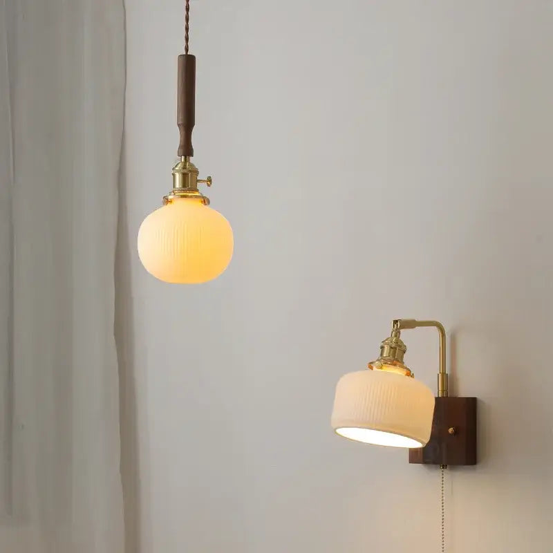 Ceramic walnut copper ribbed glass pendant light with warm-toned textured globe and brass accents for decorbites ceramic walnut