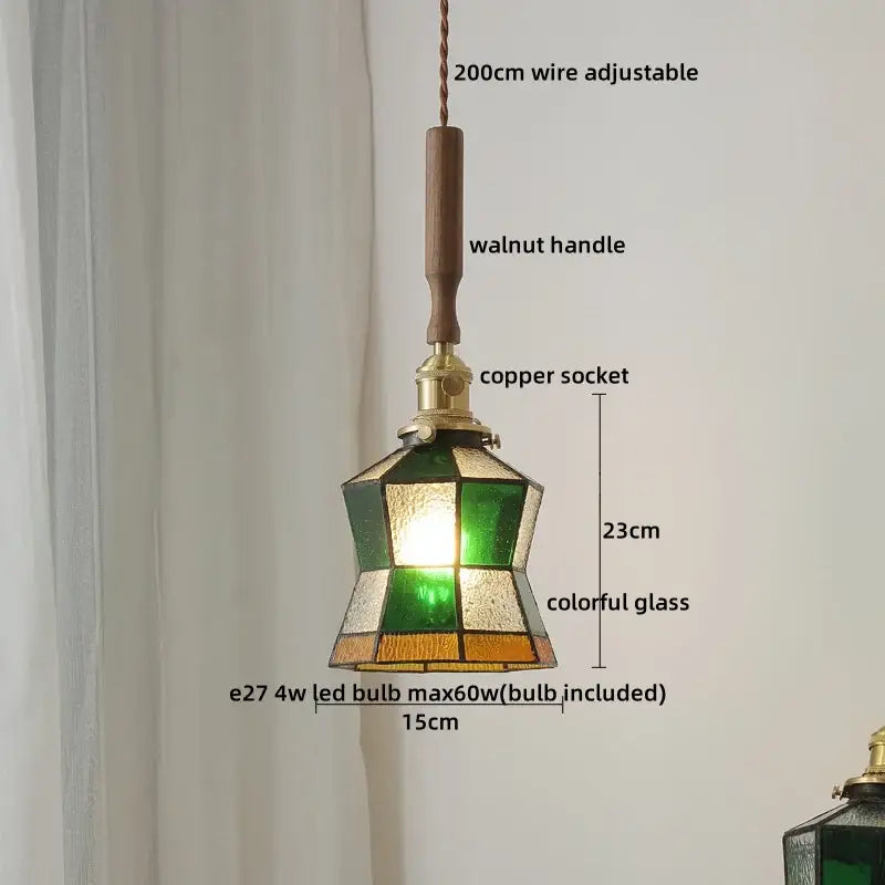 Ceramic walnut copper pendant light with ribbed glass panels in green and amber for bedroom decorbites style