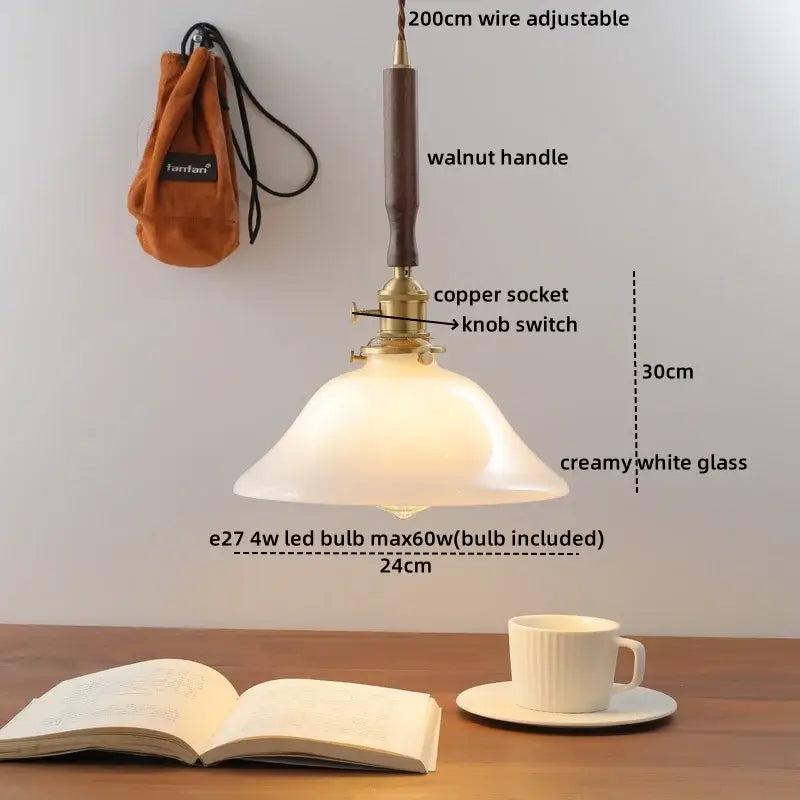 Ceramic walnut copper pendant light with walnut handle brass socket and creamy white ribbed glass shade for decorbites