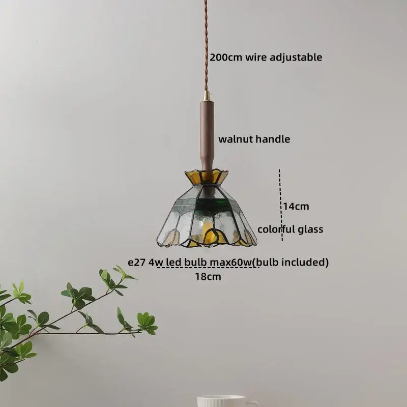 Ceramic walnut copper pendant light with stained glass floral shade and walnut handle with 200cm adjustable wire suspension