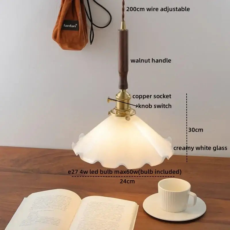 A ceramic walnut copper pendant light with creamy white glass shade brass copper socket and dark walnut handle decorbites ceramic walnut