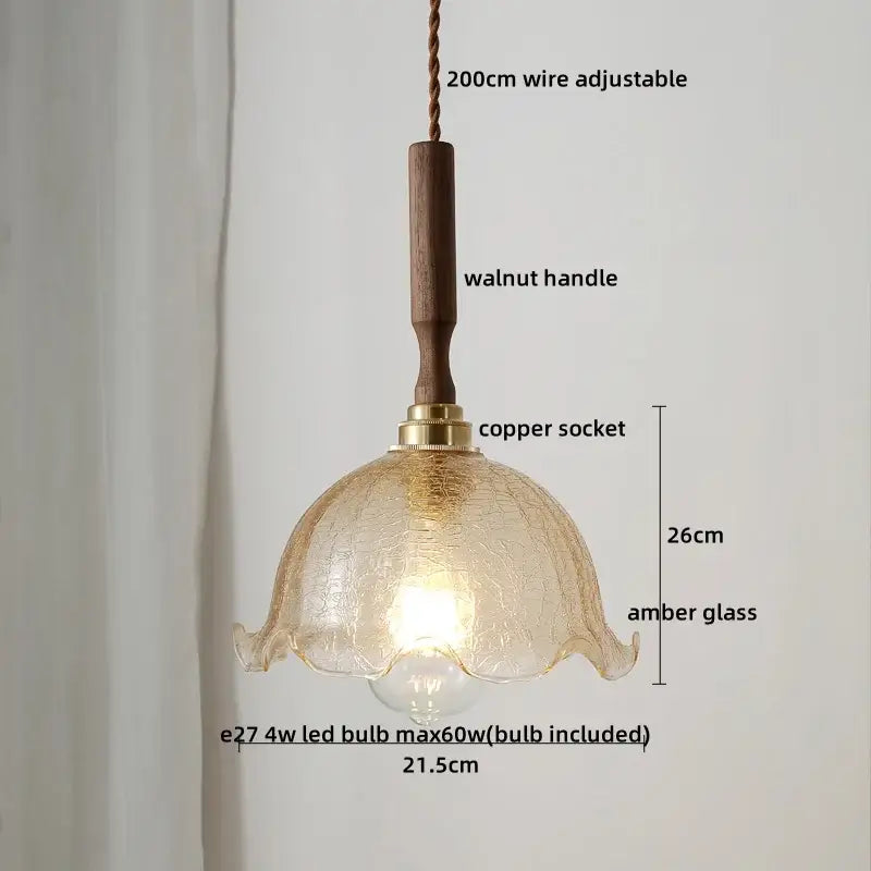 Ceramic walnut copper pendant light with warm amber ribbed glass and dark walnut handle for bedroom decorbites ceramic walnut