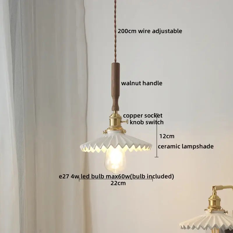 Vintage pendant light with walnut handle brass socket knob switch and white scalloped ceramic shade decorbites ceramic walnut copper