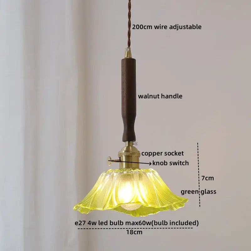 Ceramic walnut copper pendant light featuring a delicate green fluted glass shade with a dark walnut handle by decorbites