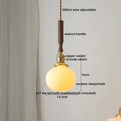 Warmly glowing ceramic walnut copper ribbed pendant light with walnut handle and copper socket for bedroom decorbites ceramic walnut
