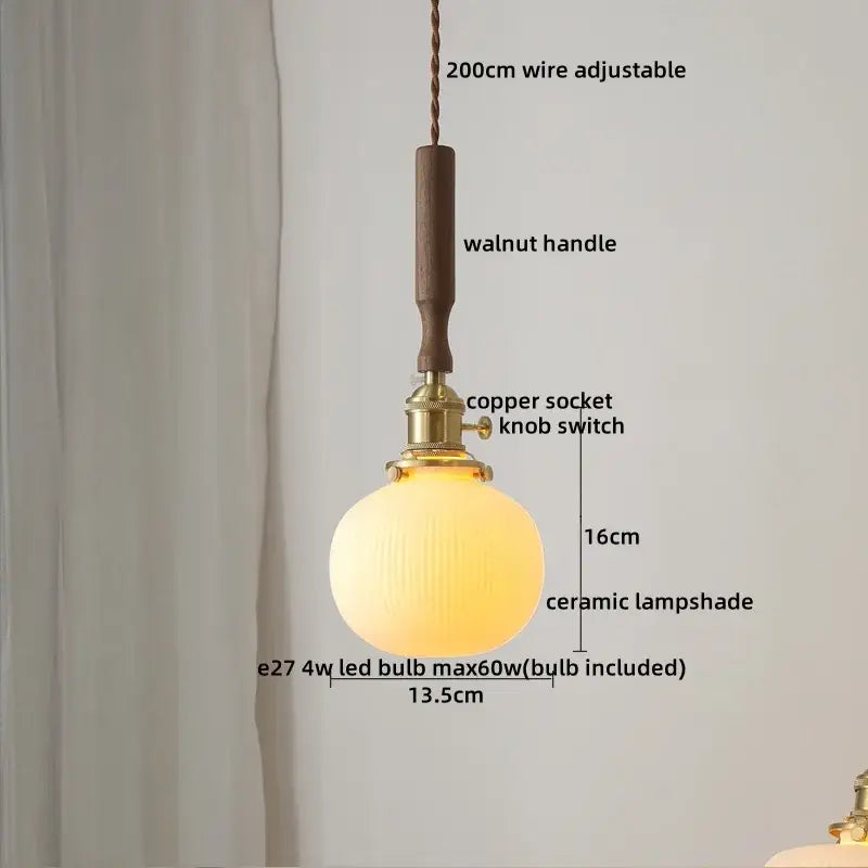 Warmly glowing ceramic walnut copper ribbed pendant light with walnut handle and copper socket for bedroom decorbites ceramic walnut