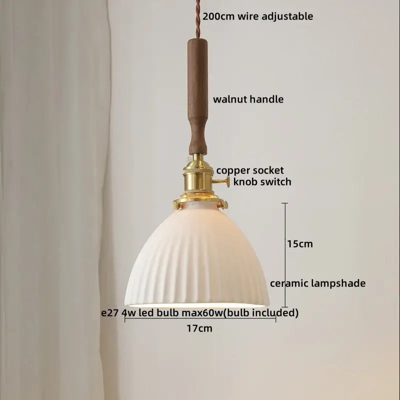White ceramic walnut copper pendant light with vertical ridges suspended by walnut handle for bedroom decorbites ceramic walnut copper