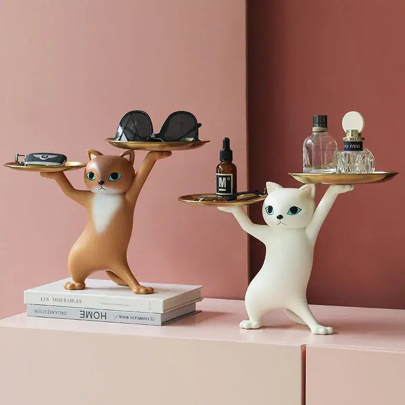 Ceramic white and beige cat figurines storage tray with whimsical tan and white cats holding golden trays for decor