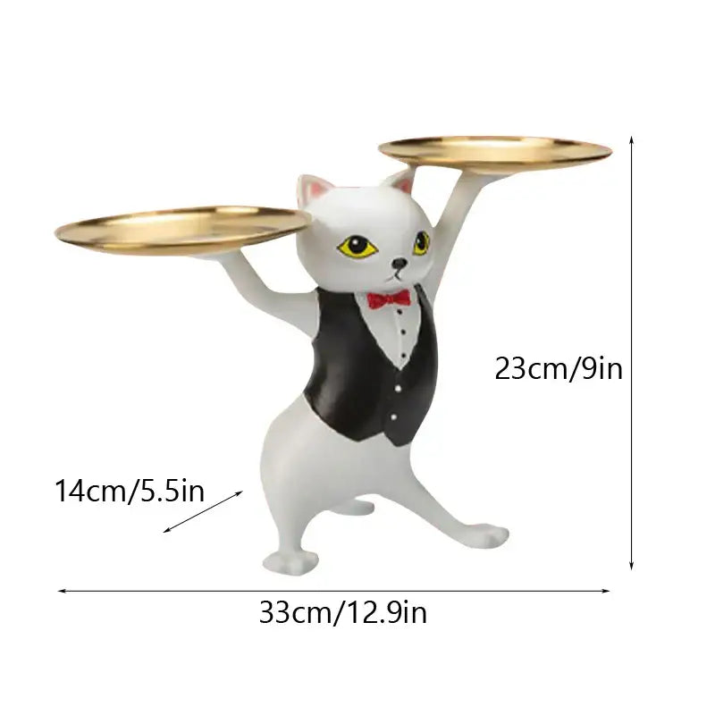 White ceramic cat figurine in black tuxedo with red bow tie holding gold trays for cat figurines storage tray decor
