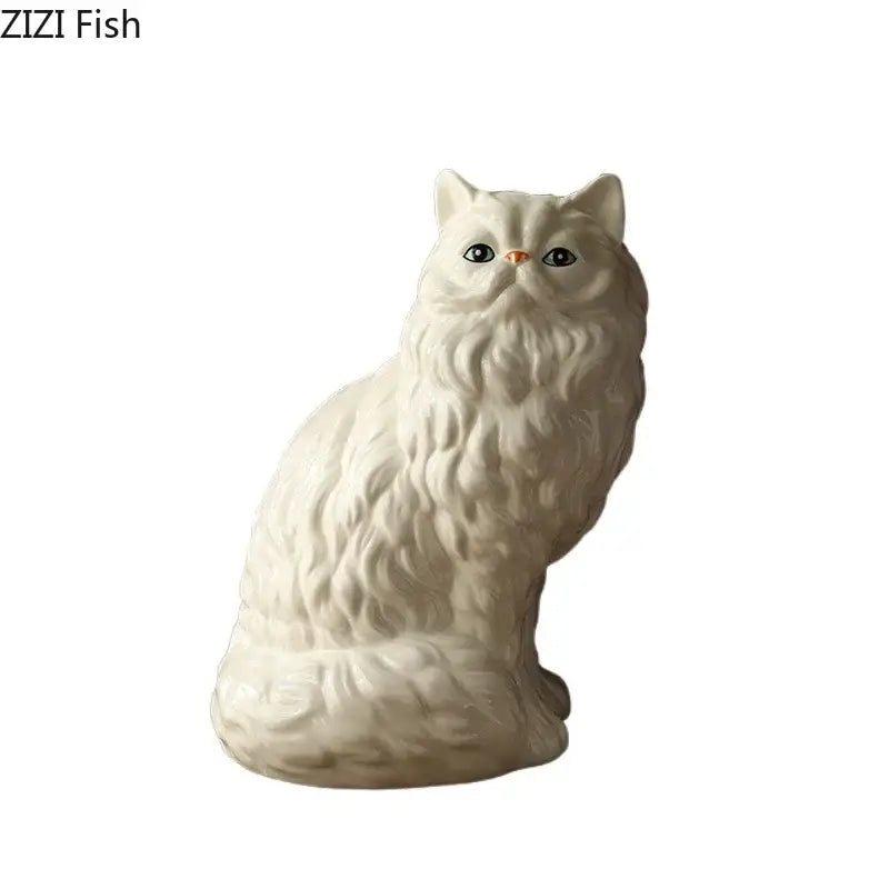 A ceramic white cat figurine vase with fluffy fur texture and dark eyes for desk and living room decorbites ceramic white decor