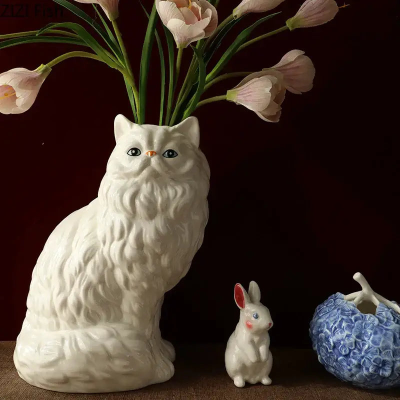 Ceramic white cat vase with detailed fur texture and blue eyes by decorbites for desk and living room decor