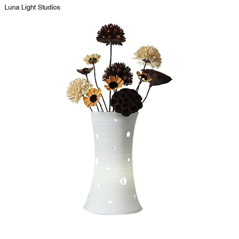 Ceramic White Nightstand Lamp: LED Pastoral Table Light (5.5"/7") with Dried Flower Decor