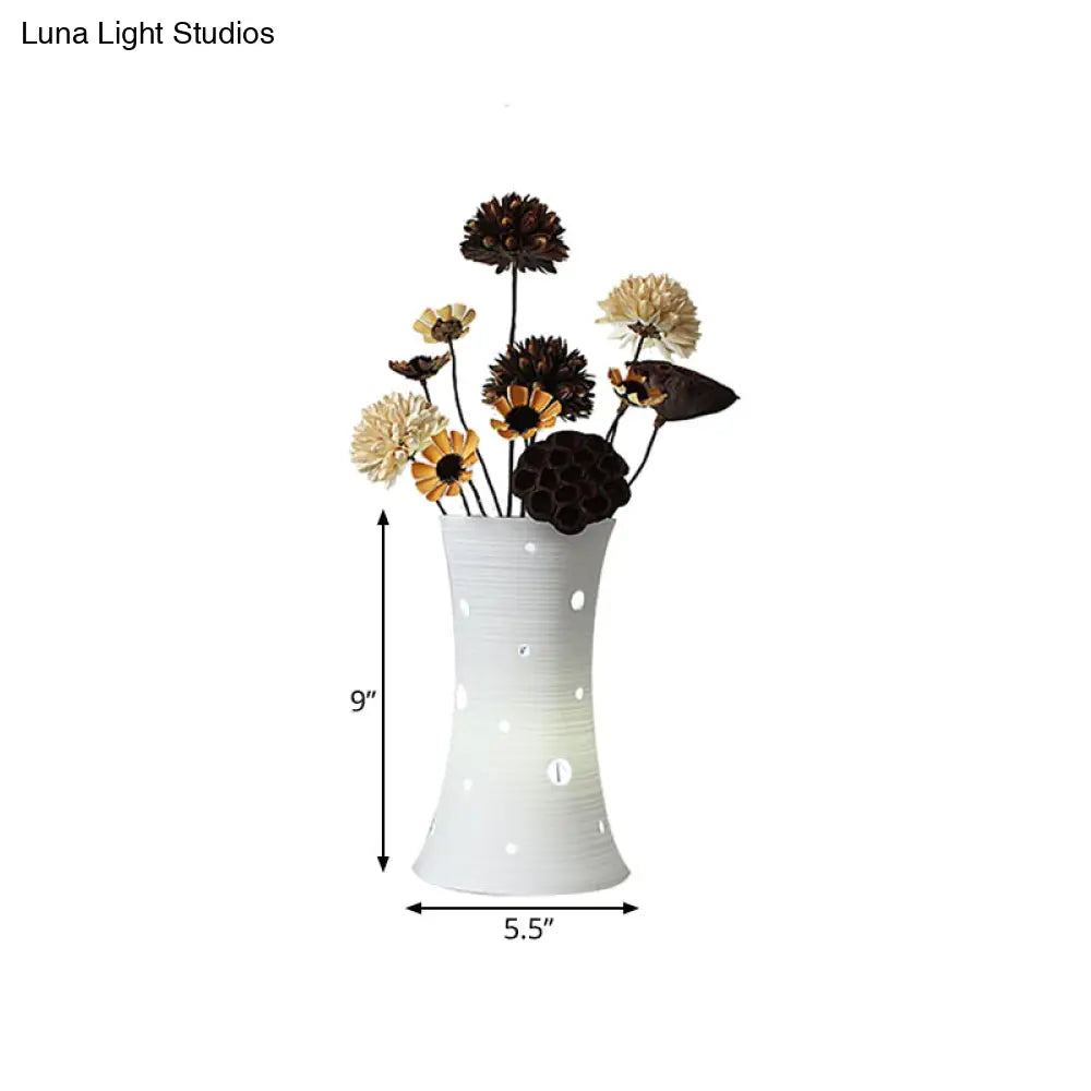 Ceramic White Nightstand Lamp: LED Pastoral Table Light (5.5"/7") with Dried Flower Decor