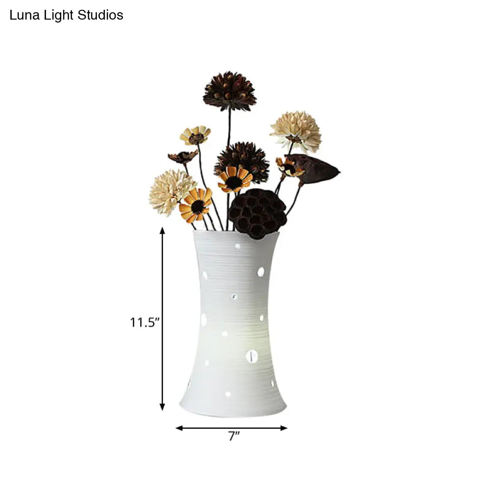 Ceramic White Nightstand Lamp: LED Pastoral Table Light (5.5"/7") with Dried Flower Decor