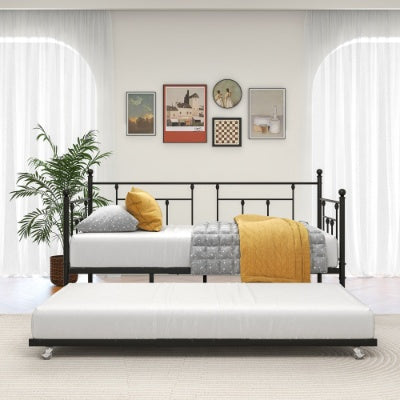 Estructura de Metal para Daybed de Tamaño Twin con Conjunto de Trundle, Sofá Cama de Día Twin, Daybed y Sofá Cama con Ruedas para Habitación de Invitados, Dormitorio, Sala de Estar, Estilo Victoriano, Negro