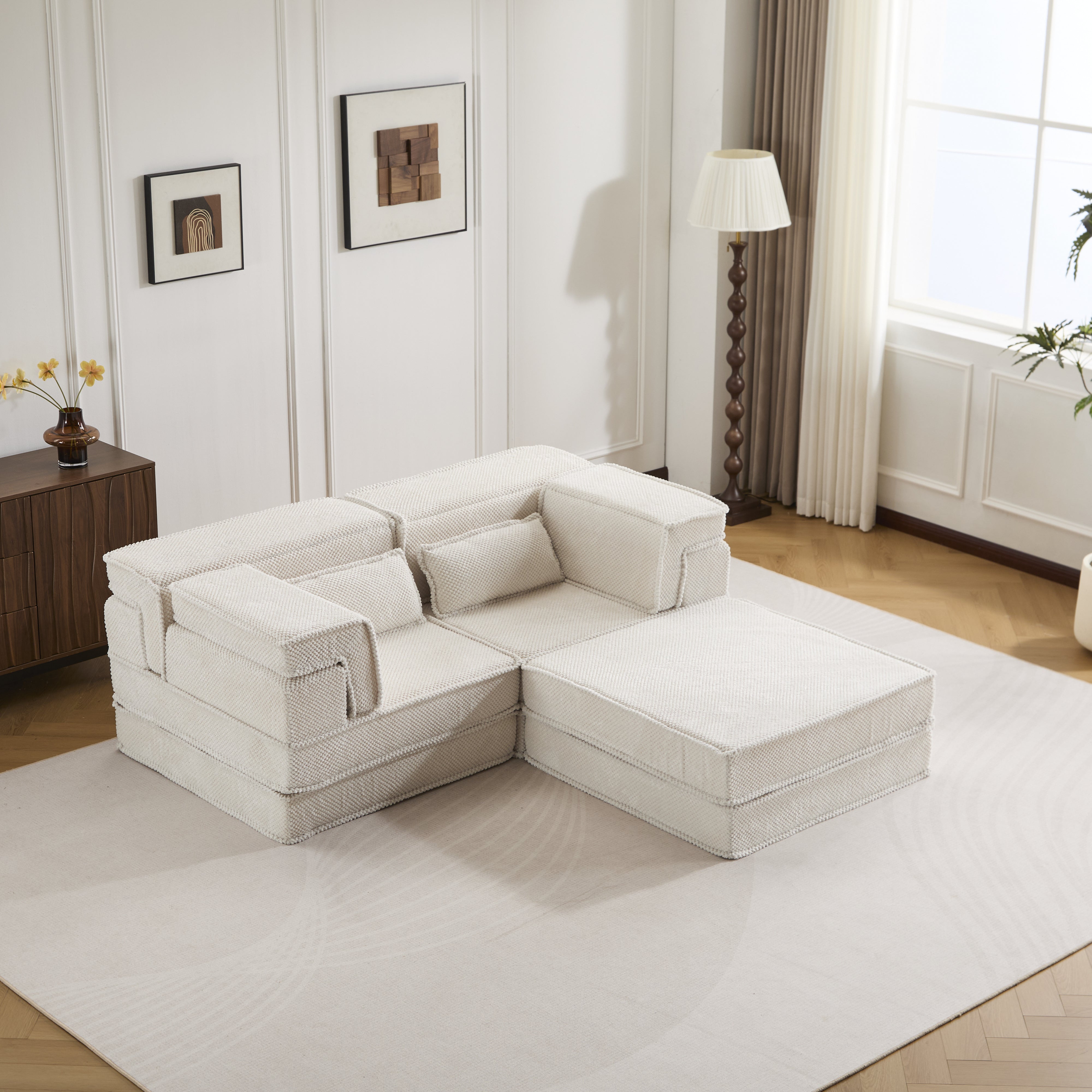 Sofá Mahjong de Compresión, Sofá Cama Convertible para el Suelo, Sofá Seccional Modular sin Huesos DIY, Sin Ensamblaje Requerido, Tejido de Lana de Círculo, Dos Plazas Sobredimensionado con 1 Otomana, Blanco