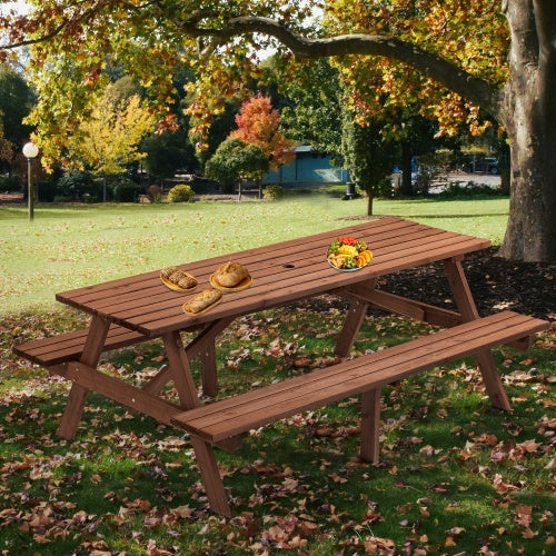 Mesa de Picnic de Madera Marrón para 8 Personas, Mesa de Comedor para Camping al Aire Libre con 2 Asientos, Jardín, DIY con 2 Bancos Integrados, Capacidad de 2220 lb