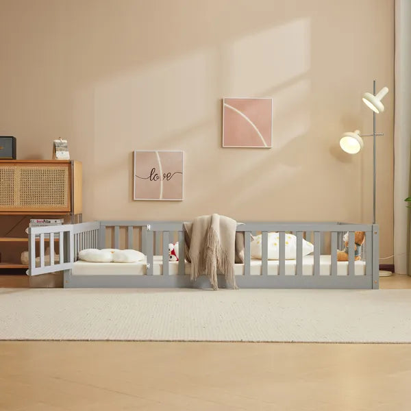 Gray Painted Pine Wood Playpen Bed With Door And Board, Full-size Children's Wooden Bed