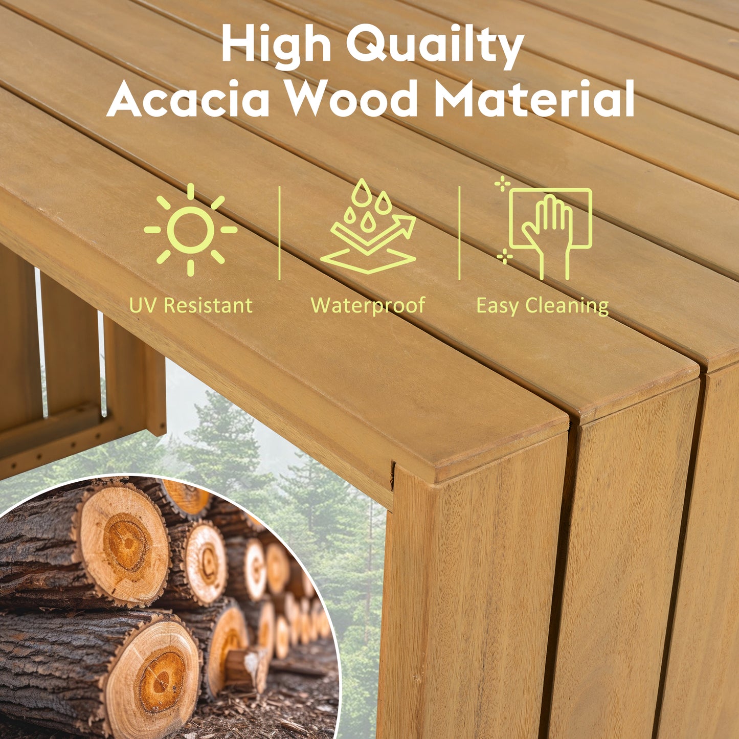 5 Piece Outdoor Bar Set, Patio Acacia Wood Bar Height Table & Four Stools With Cushions, Wood Dining Bar Set For Backyard, Poolside, Balcony, Beige