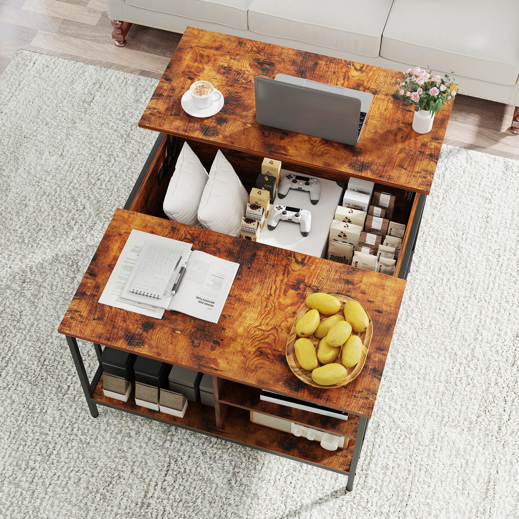 Mesa de Centro Elevable de Estilo Granja con Almacenamiento, Altura Ajustable para Sala de Estar, Centro Multifuncional para la Familia con Compartimento Oculto y 3 Estantes, Capacidad de 110 libras, Fácil de Limpiar