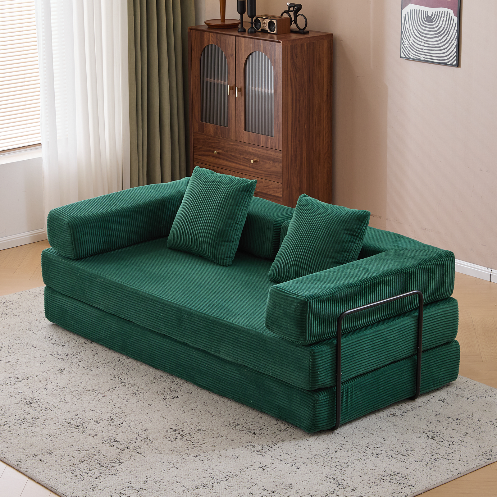 Sofá de Suelo, Sofá de Compresión, Sofá Cama Convertible de Suelo - con Soporte de Espalda en Almohada y Reposabrazos, Sofá Futón Cómodo para Reposar Cama para Dormir, Tela de Corduroy, para Sala de Estar y Dormitorio en Verde Oscuro