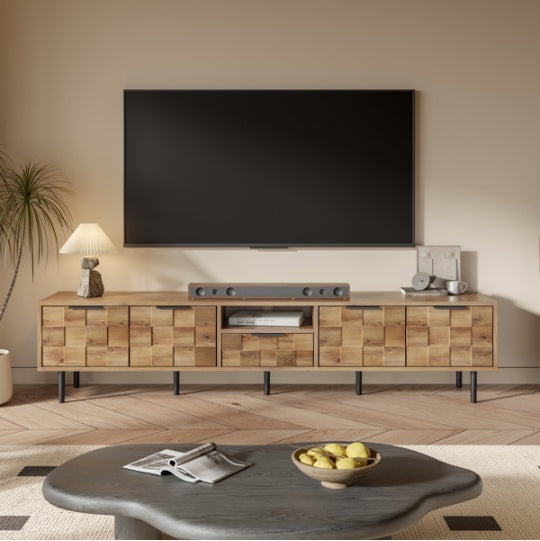 Soporte de TV de 78 pulgadas para TV de 85, 75, 65 pulgadas, Consolas de TV para sala de estar, Centro de entretenimiento de madera para TV con almacenamiento