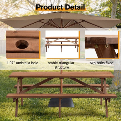 8 Person Brown Wooden Picnic Table, Outdoor Camping Dining Table With 2 Seats, Garden, DIY With 2 Built-in Benches, 2220lb Capacity