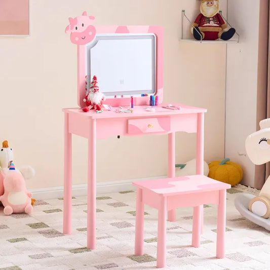 Pink MDF + Solid Wood Legs, Spray Paint + Silkscreen Printing, Cow Pattern, 1-drawer Children's Dressing Table Set, LED Three-color Backlit Touch Switch