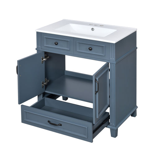 Lavabo de baño de 30'' con fregadero de cerámica, gabinete de almacenamiento de baño con marco de madera maciza y puertas de cierre suave, estilo retro, azul